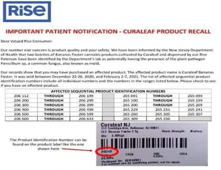 moldy Curaleaf cannabis GTI rise recall