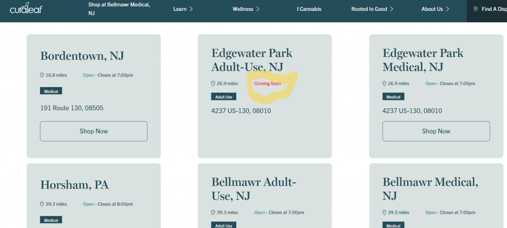 Curaleaf dispensary Edgewater Park adult-use cannabis sales