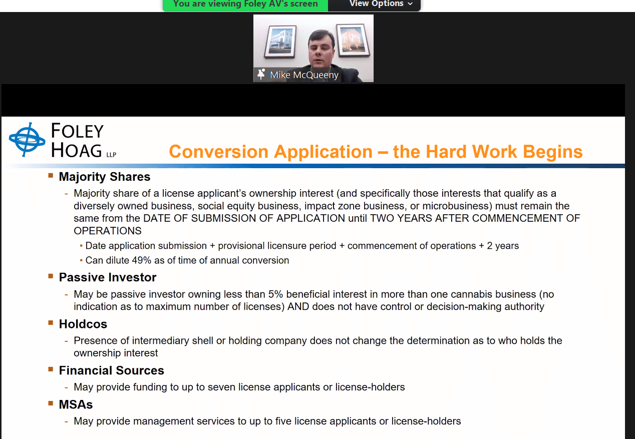 NJ Adult-use Cannabis Licenses cannabis company webinar held with slide and speaker pictured