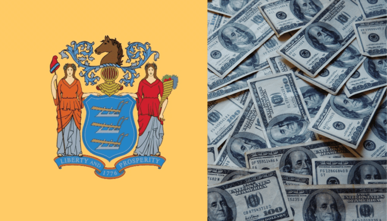 NJ-EDA New Jersey cannabis grant War on Drugs cannabis tax revenue NJ Weed Dispensary, New Jersey flag and money pictured