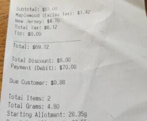 Cannabis Social Excise Free CRC. Dispensary receipt pictured here.