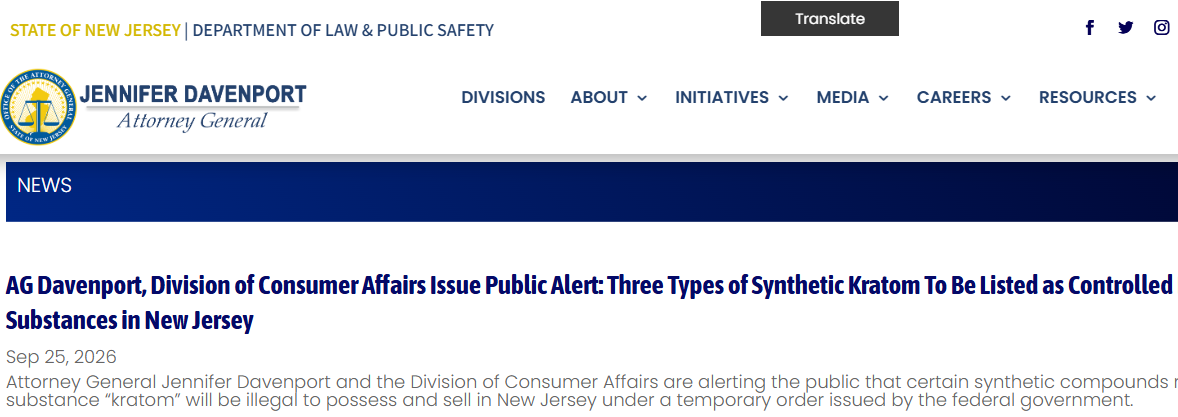 NJ Attorney General Announces Synthetic Kratom Ban